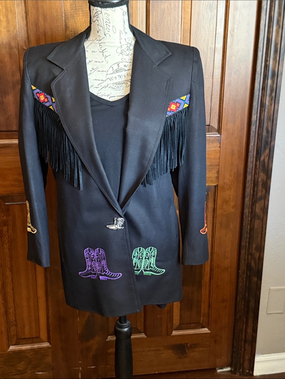 Embroidered Fringe Black Blazer with Western Motifs